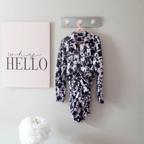 NWT Zara black & lilac floral print satin effect ruched dress, L - Picture 15 of 16
